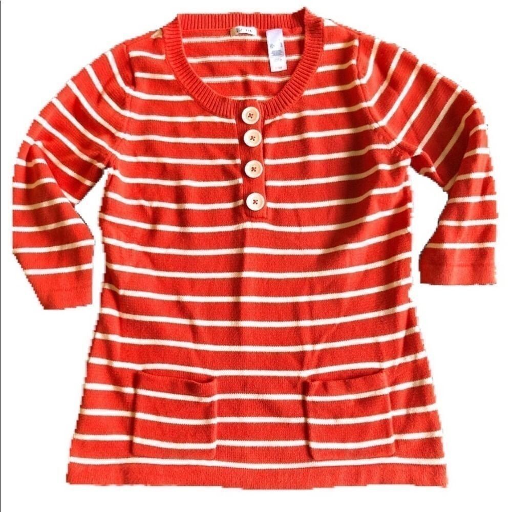 RUST STRIPED BUTTON CROPPED SLEEVE SWEATER